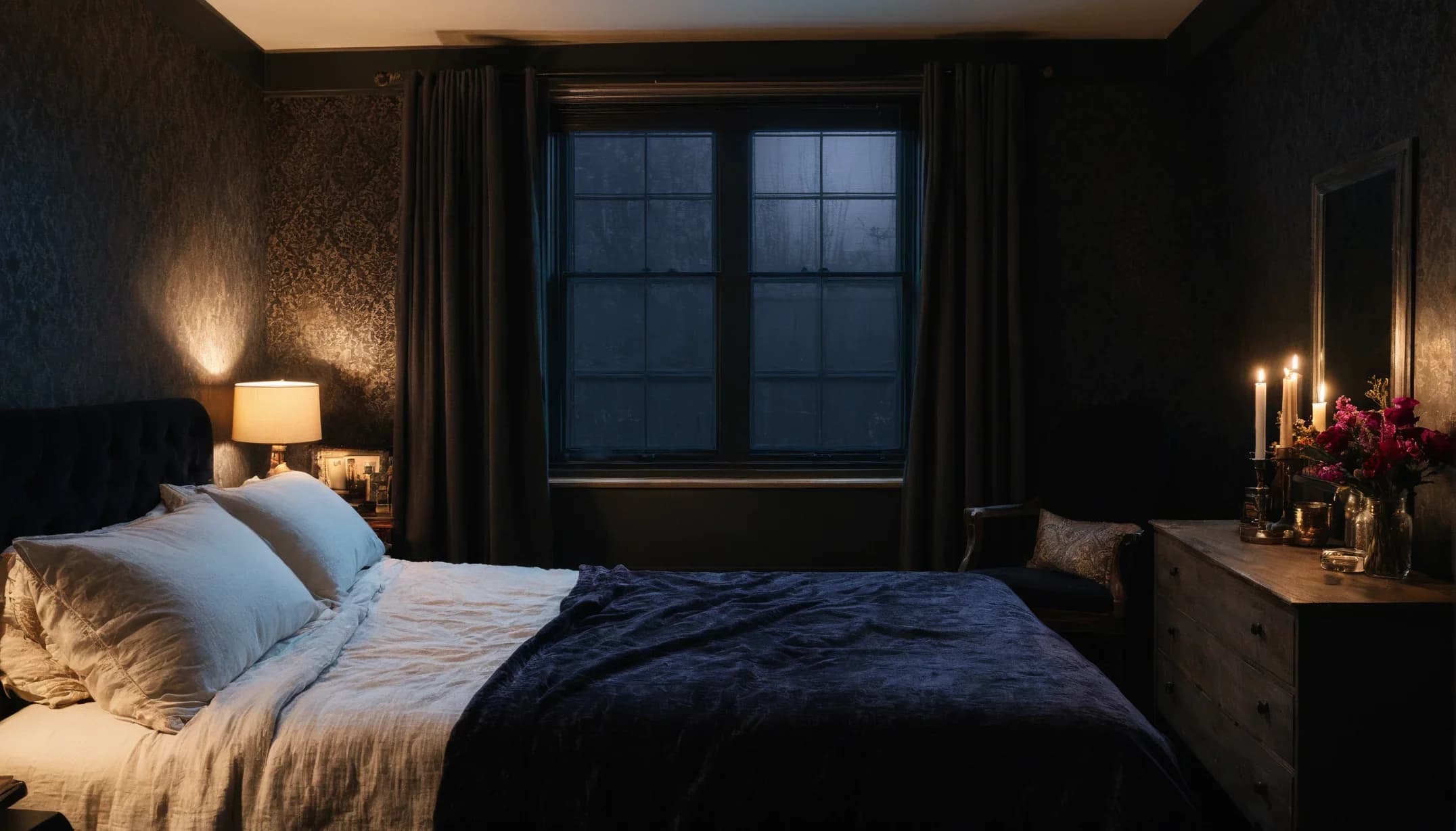 A dark damask bedroom at night, with tall taper candles lit on the dresser