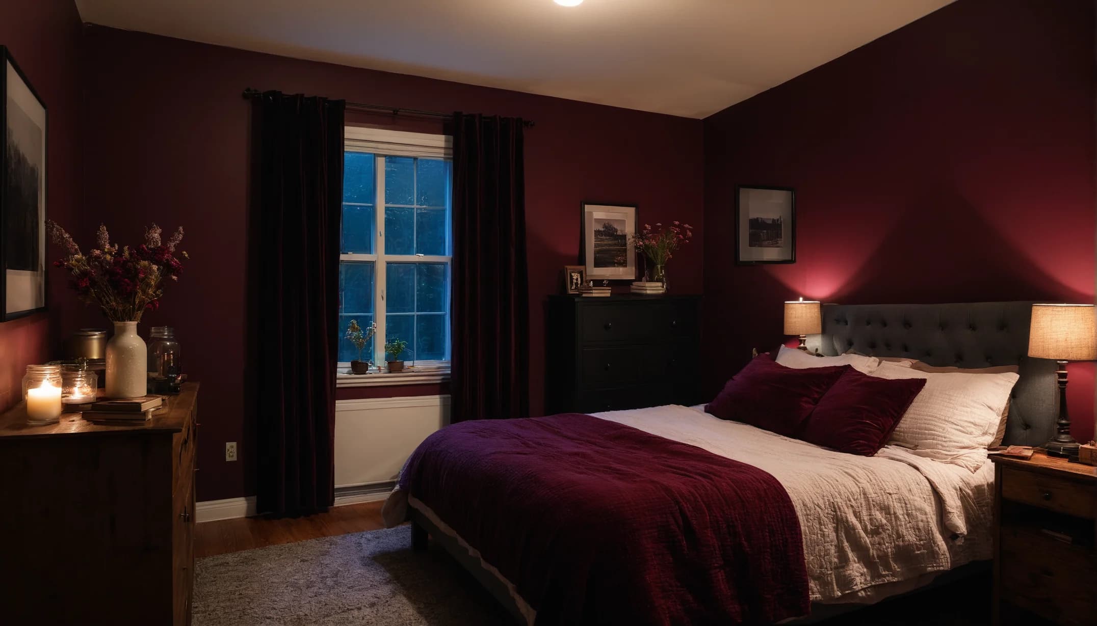 A plum bedroom on an autumn evening with candles on the nightstand