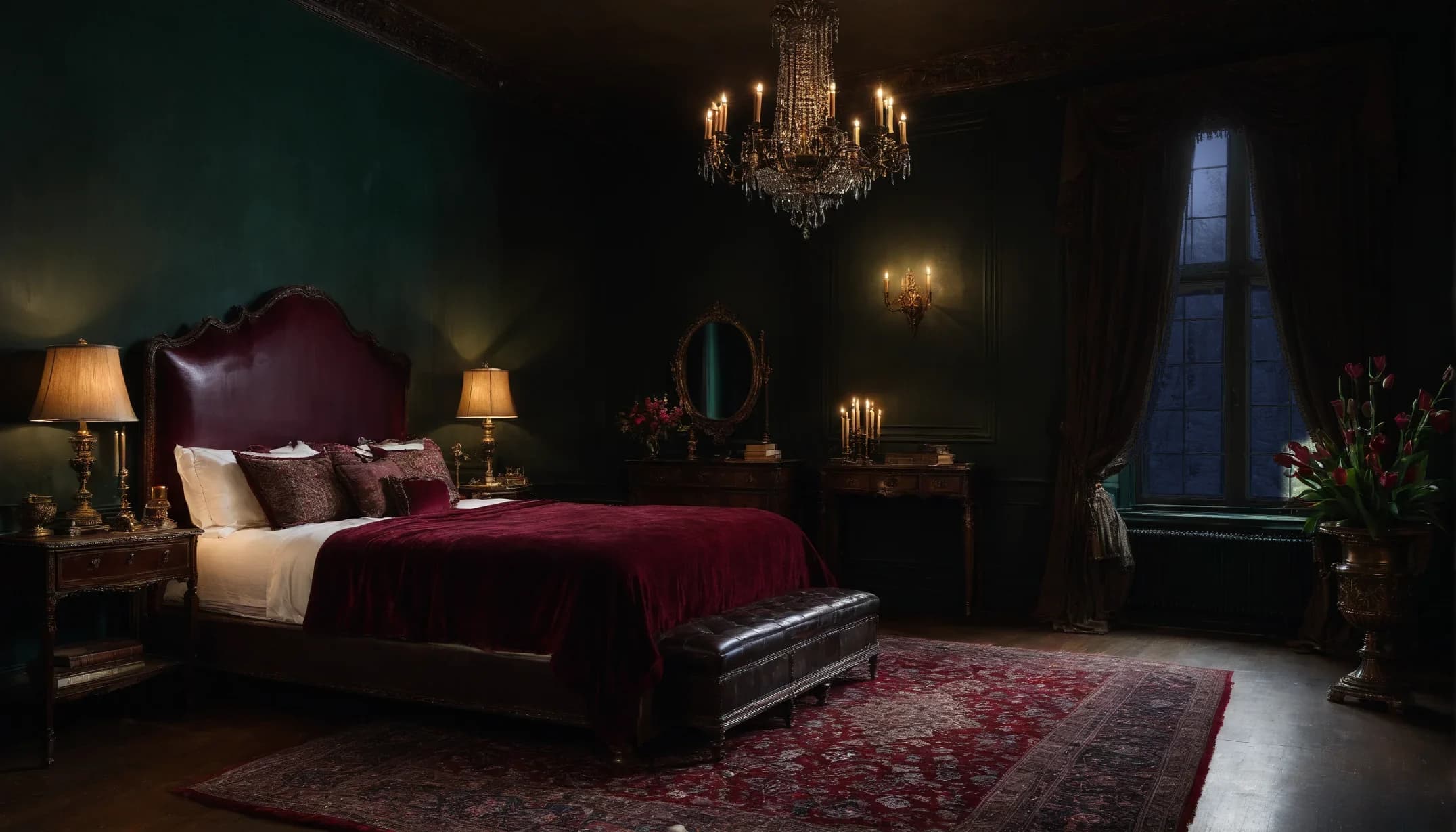 Gothic Romance bedroom at night: a candlelit crystal chandelier over a crimson velvet bed, with candles glowing on a dark console