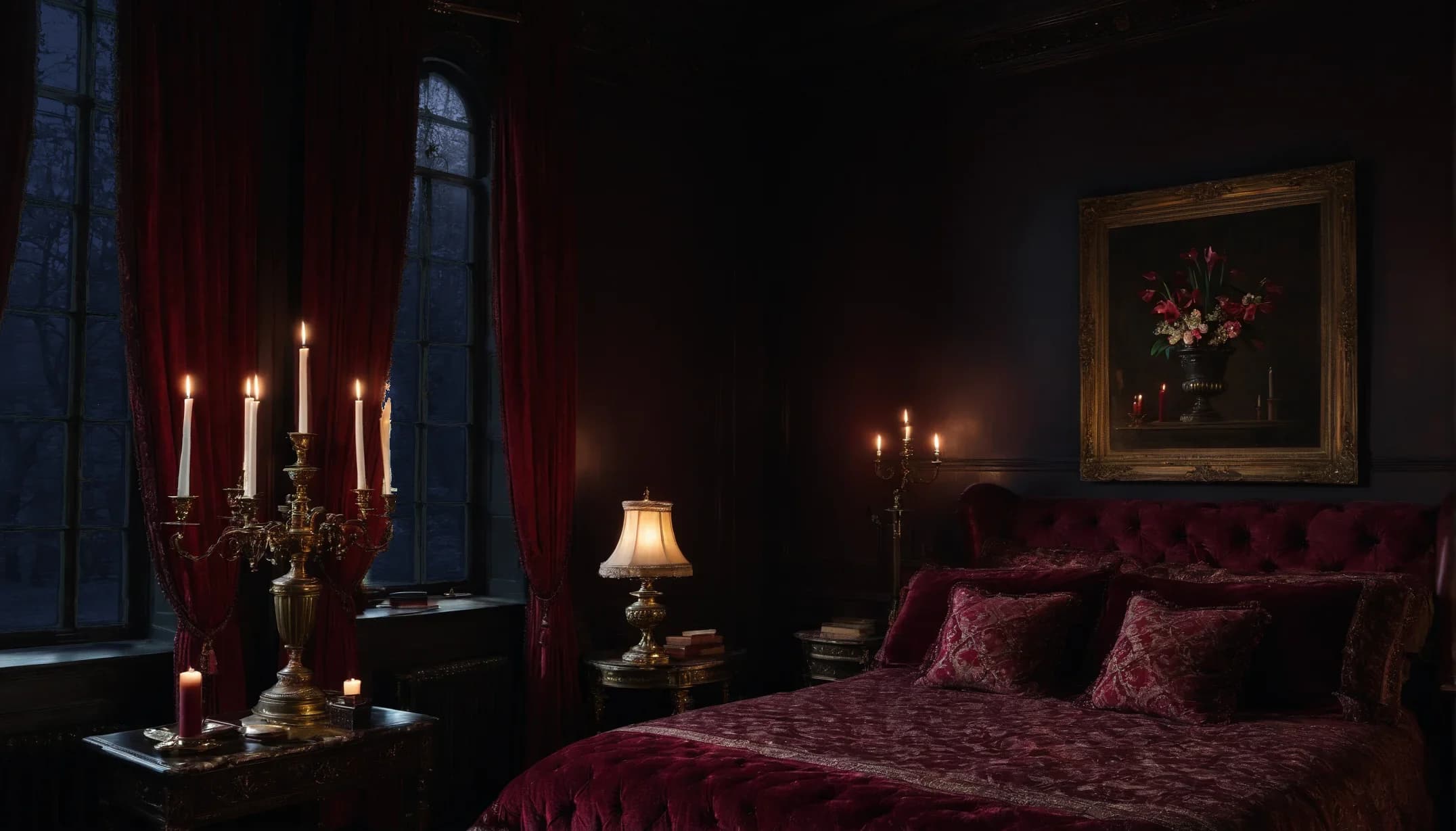 A gothic bedroom by candlelight, with a crimson velvet bed and a tall candelabra