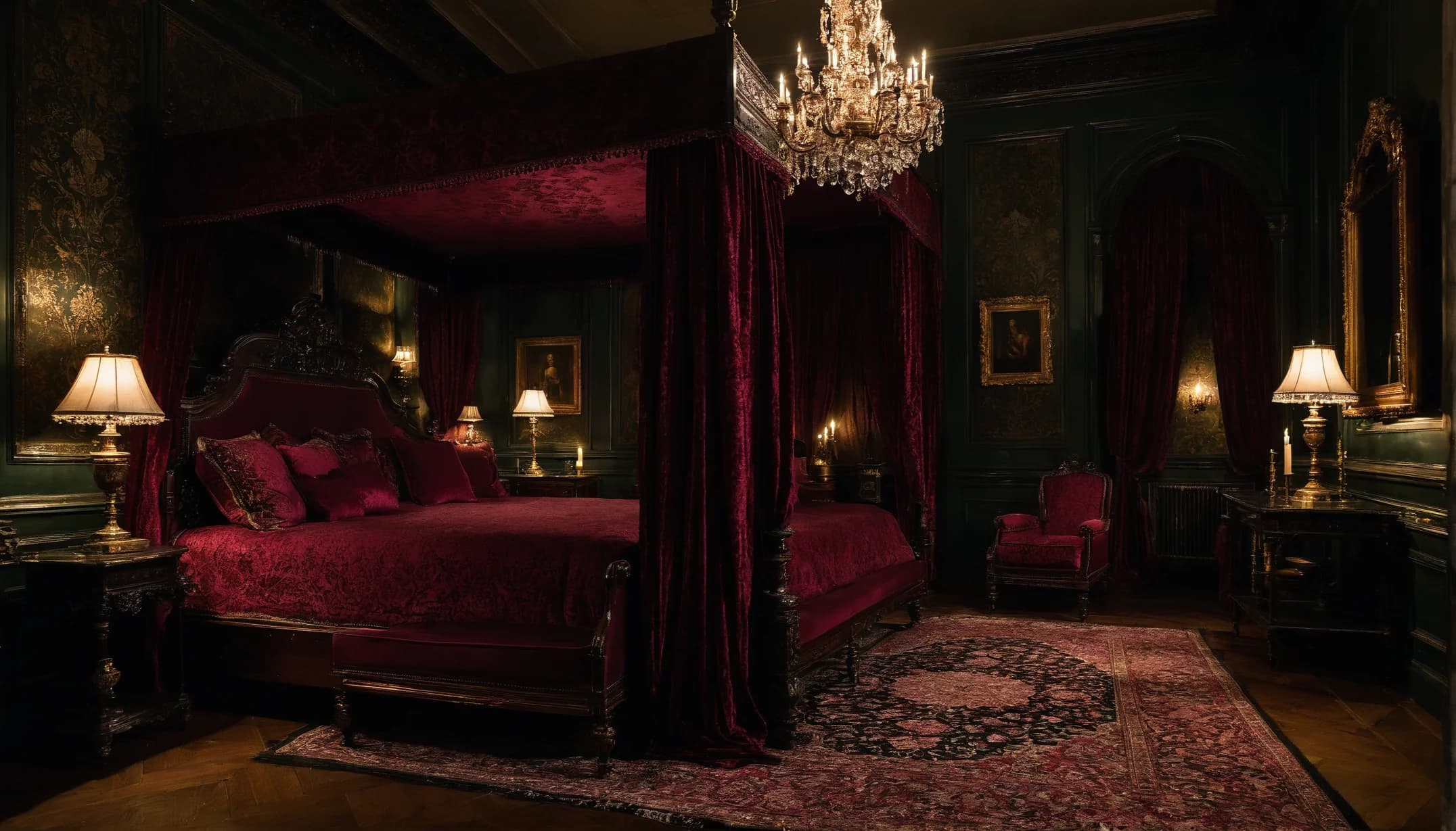 A gothic romance bedroom in deep velvet and candlelight